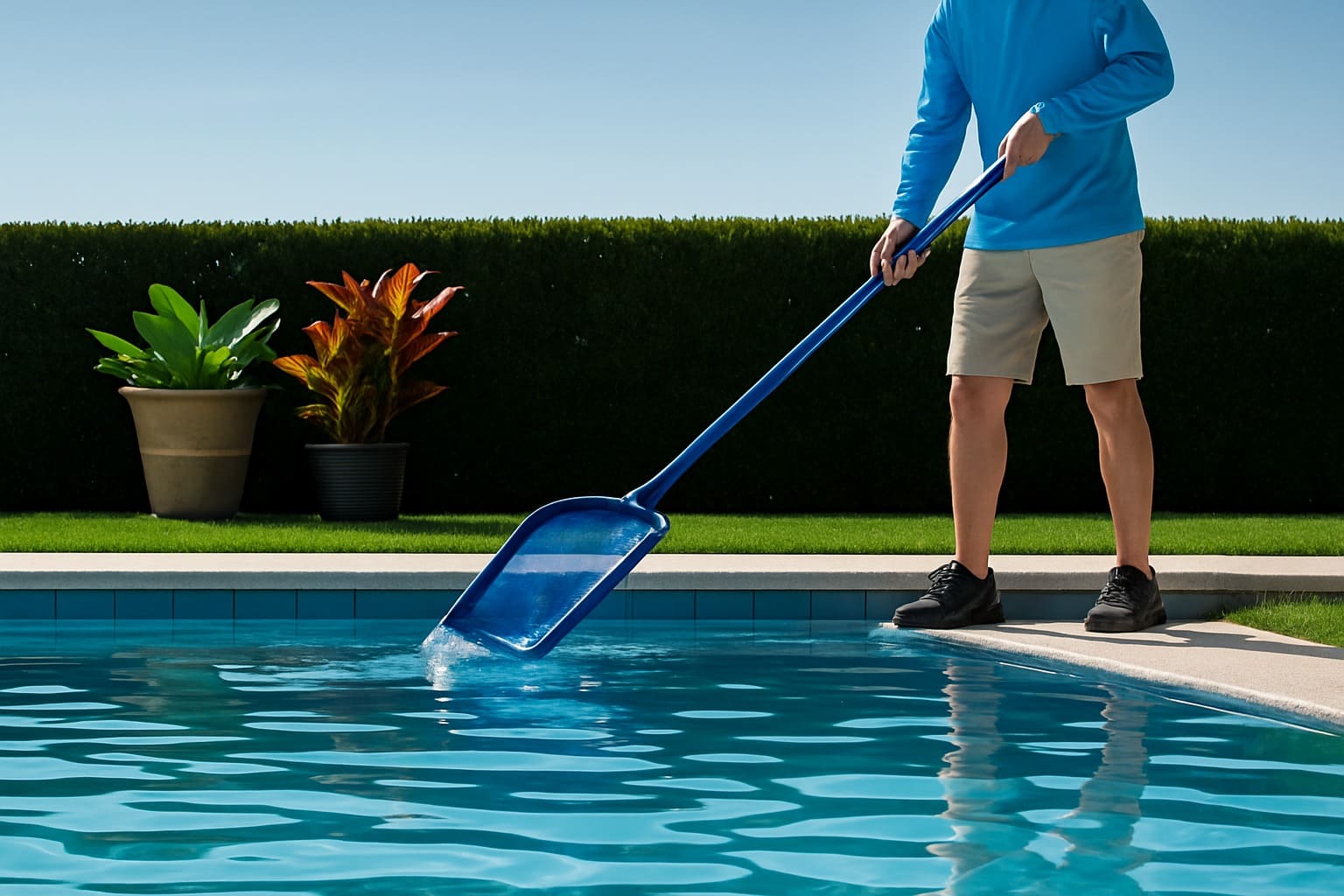 A person cleaning a swimming pool